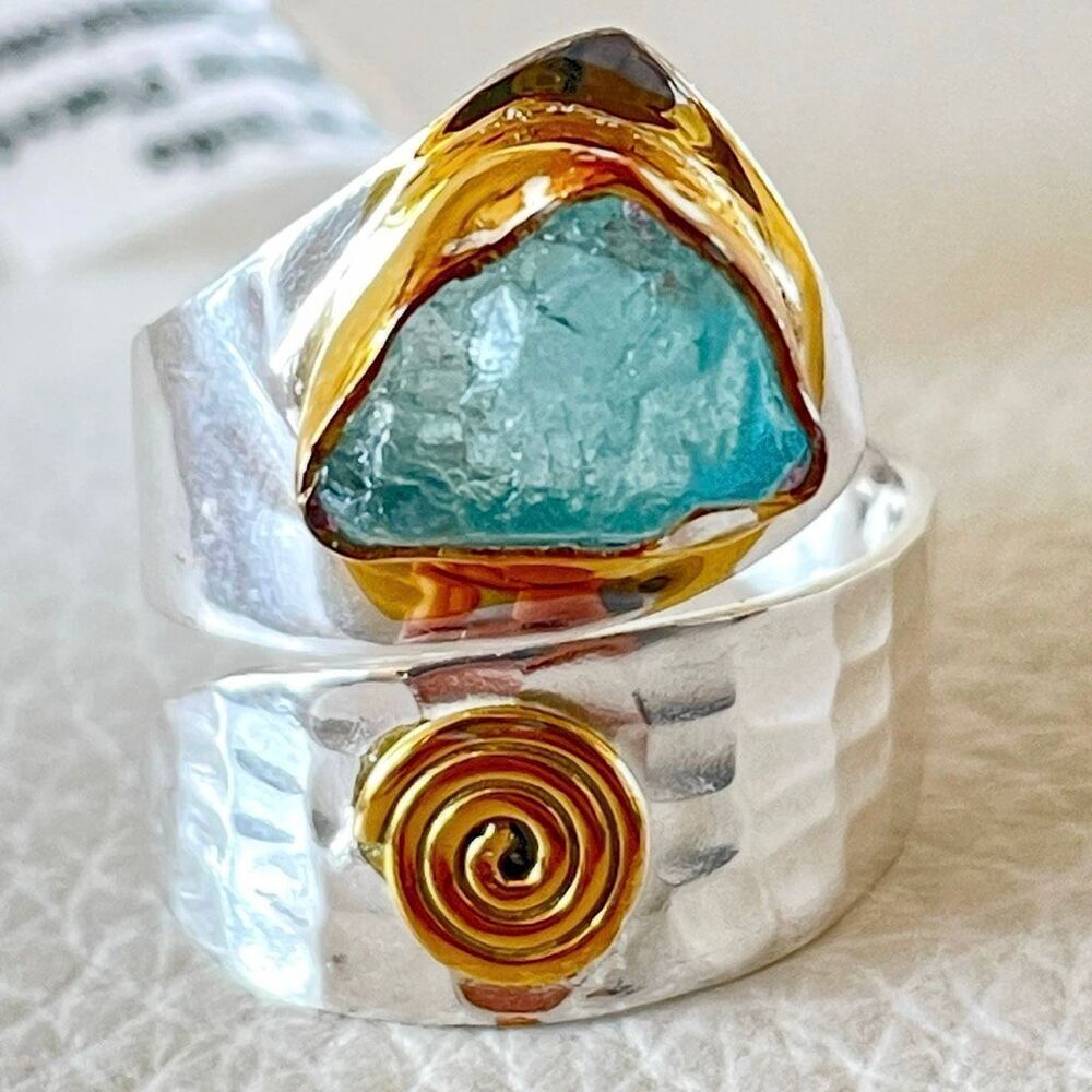 NWT .925 Sz 7 Sterling Silver Pleated & Gold Neon Blue Apatite Bypass Ring - Picture 1 of 12